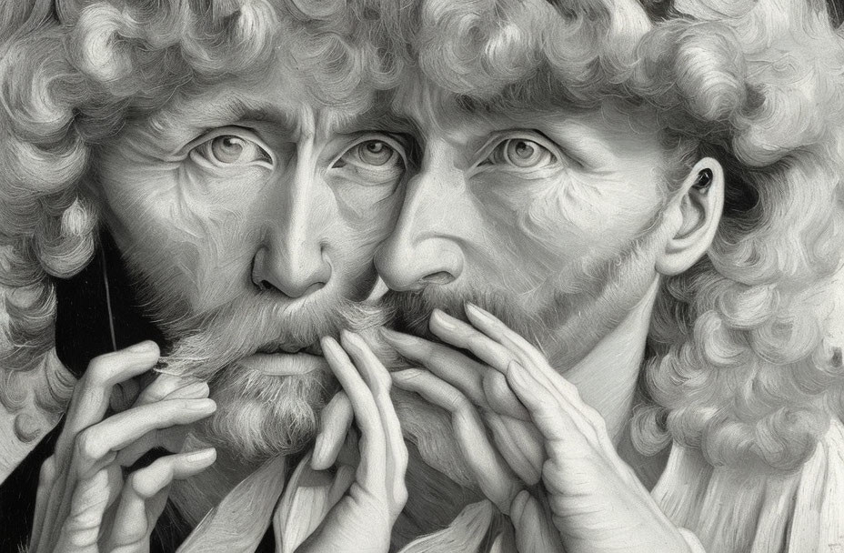 Greyscale optical illusion: Two merged faces with curly hair, mustaches, and one central eye
