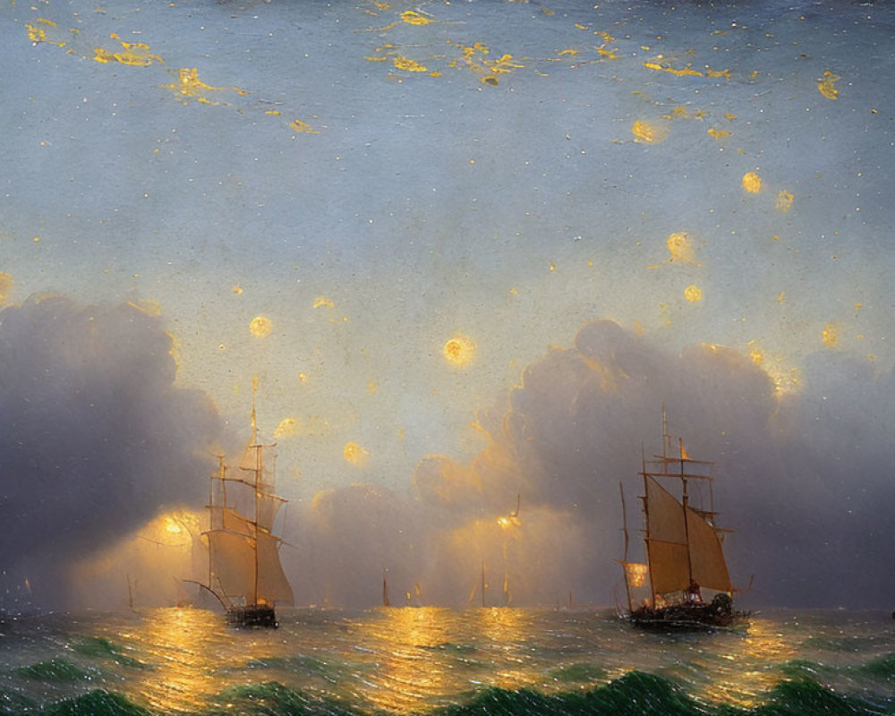 Sailing ships in turbulent seas at dusk with glowing sky