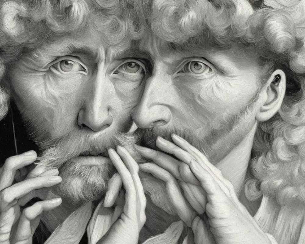 Greyscale optical illusion: Two merged faces with curly hair, mustaches, and one central eye