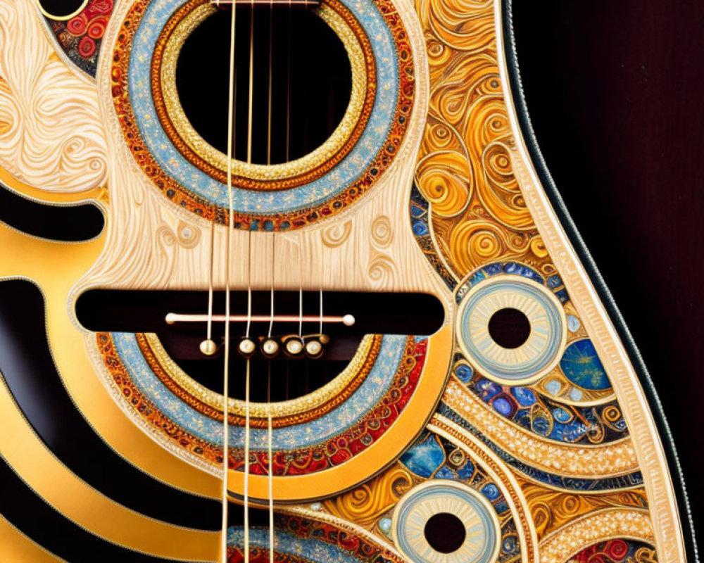 Ornate Guitar with Colorful Inlay Patterns