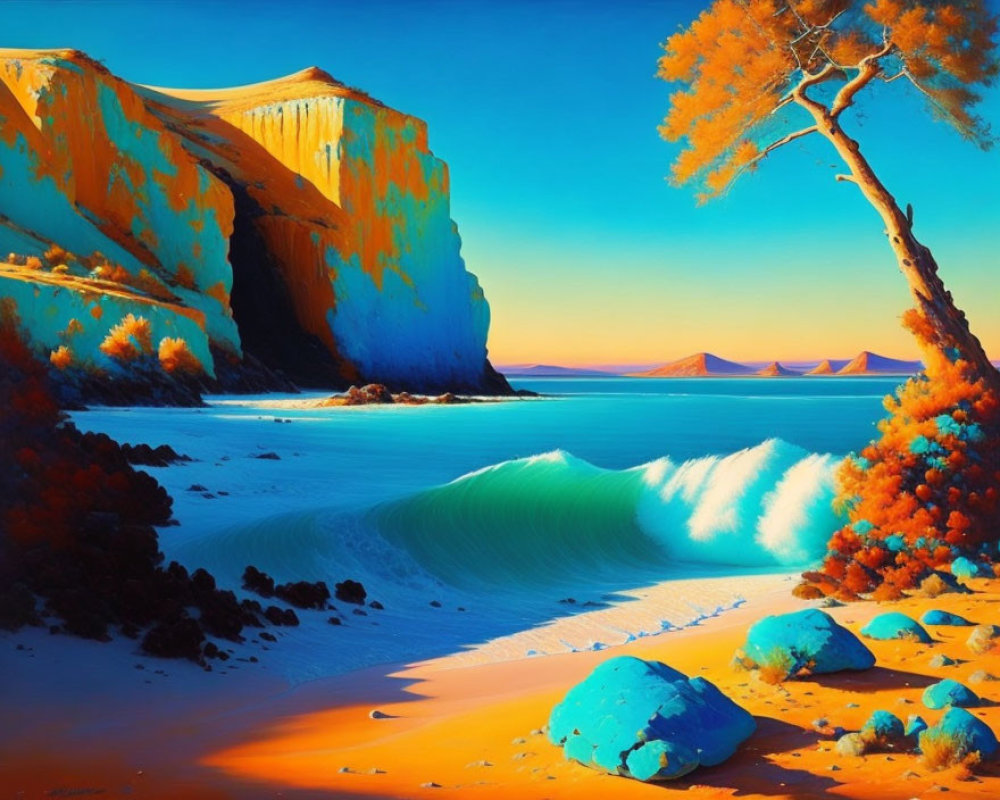 Golden cliffs, turquoise sea, lone tree, colorful foliage on sandy beach