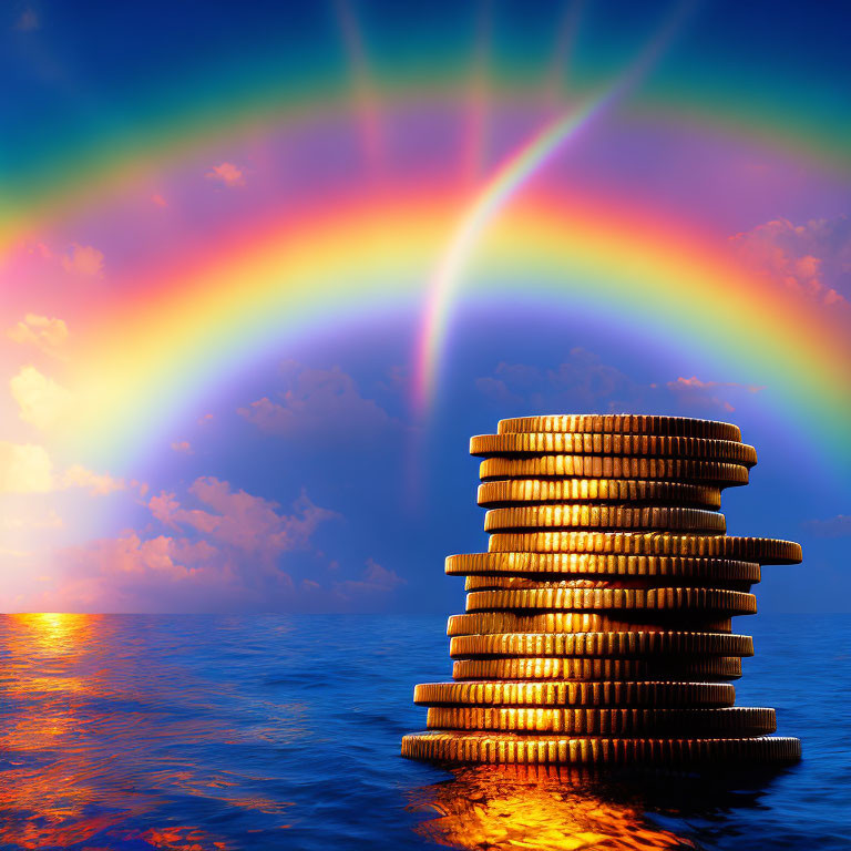 Digital image of gold coin tower on water with rainbow and cloudy sky