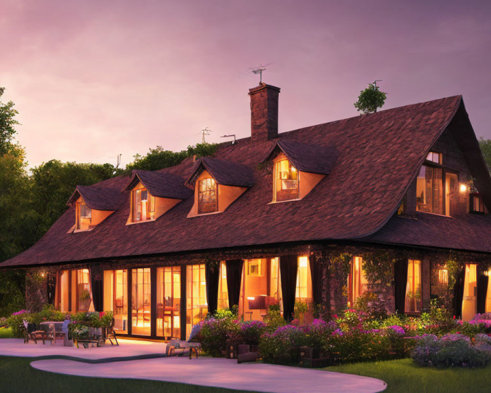 Charming cottage with lit windows in lush greenery at dusk