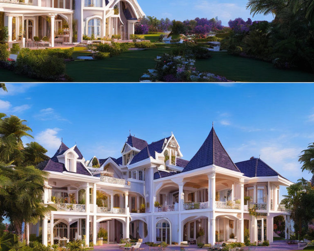 Luxurious Two-Story Mansion with White Walls and Blue Roofs in Daytime and Dusk