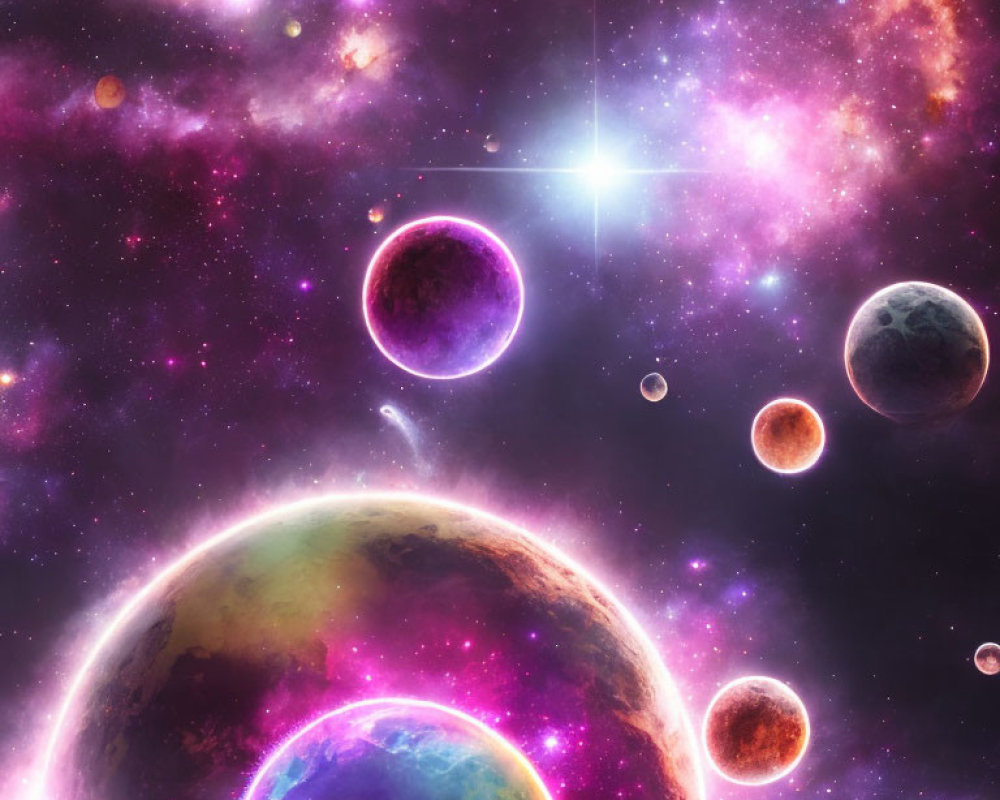 Colorful Planets and Stars in Purple Nebula Space Scene