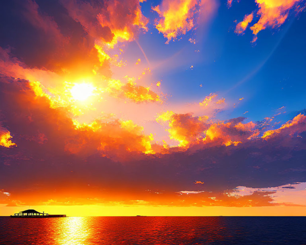Fiery orange sunset over ocean with pier silhouette