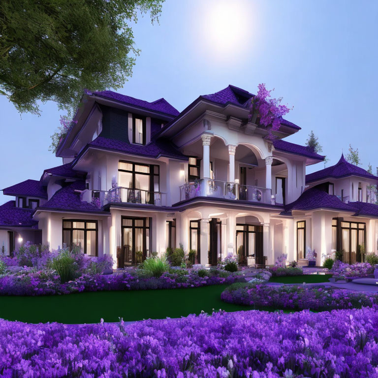 Luxurious two-story house with illuminated windows in twilight setting surrounded by lush landscaping.