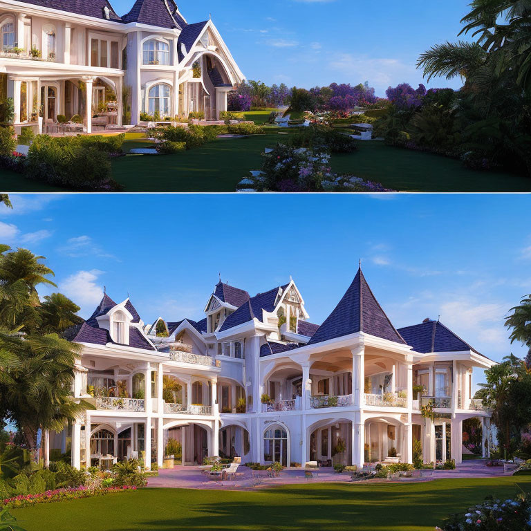 Luxurious Two-Story Mansion with White Walls and Blue Roofs in Daytime and Dusk