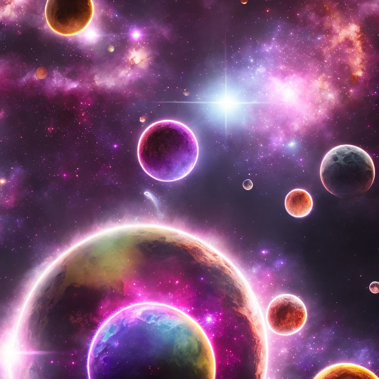Colorful Planets and Stars in Purple Nebula Space Scene