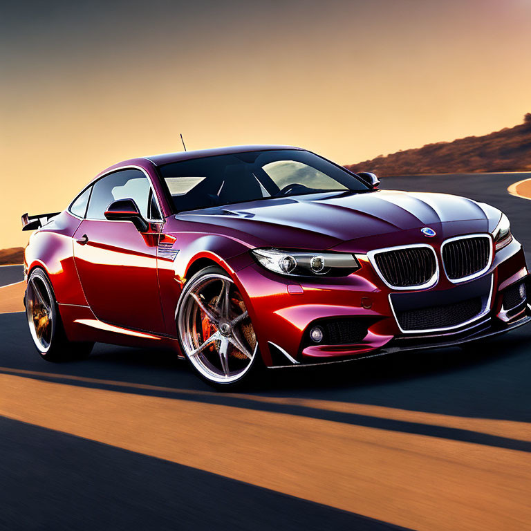 Red BMW Sports Coupe with Kidney Grille Driving at Sunset