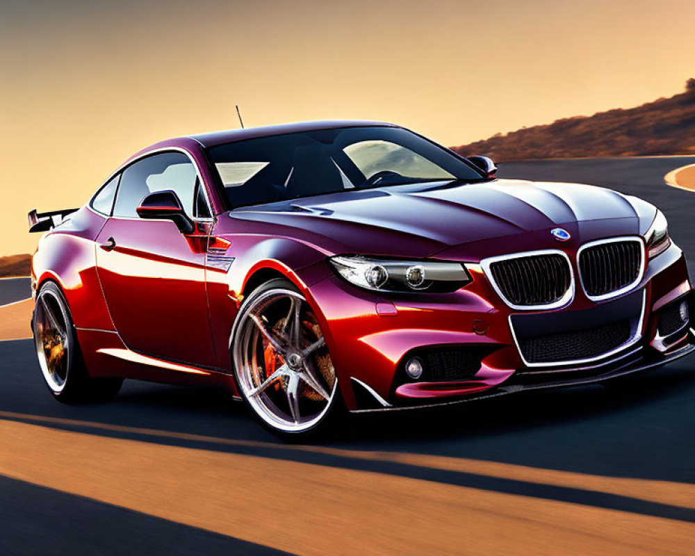 Red BMW Sports Coupe with Kidney Grille Driving at Sunset