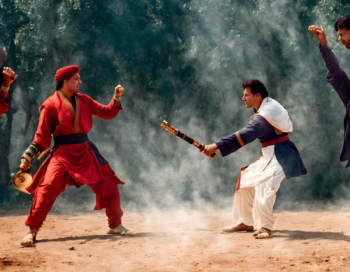 Traditional weapon combat between martial artists in dusty outdoor setting.