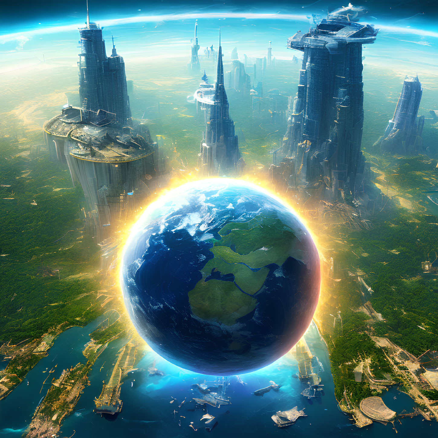 Futuristic cityscape on small planet with glowing aura in blue sky