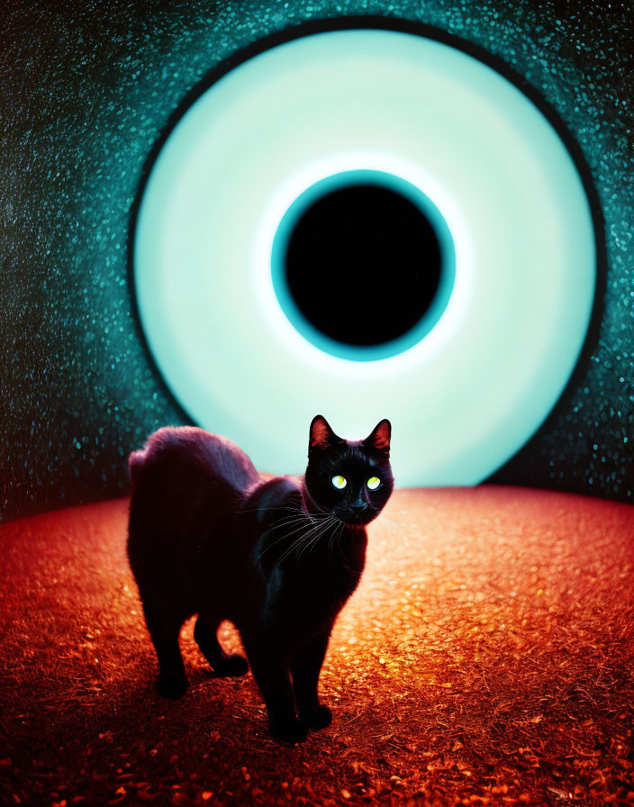 Black Cat with Glowing Eyes and Blue-White Portal
