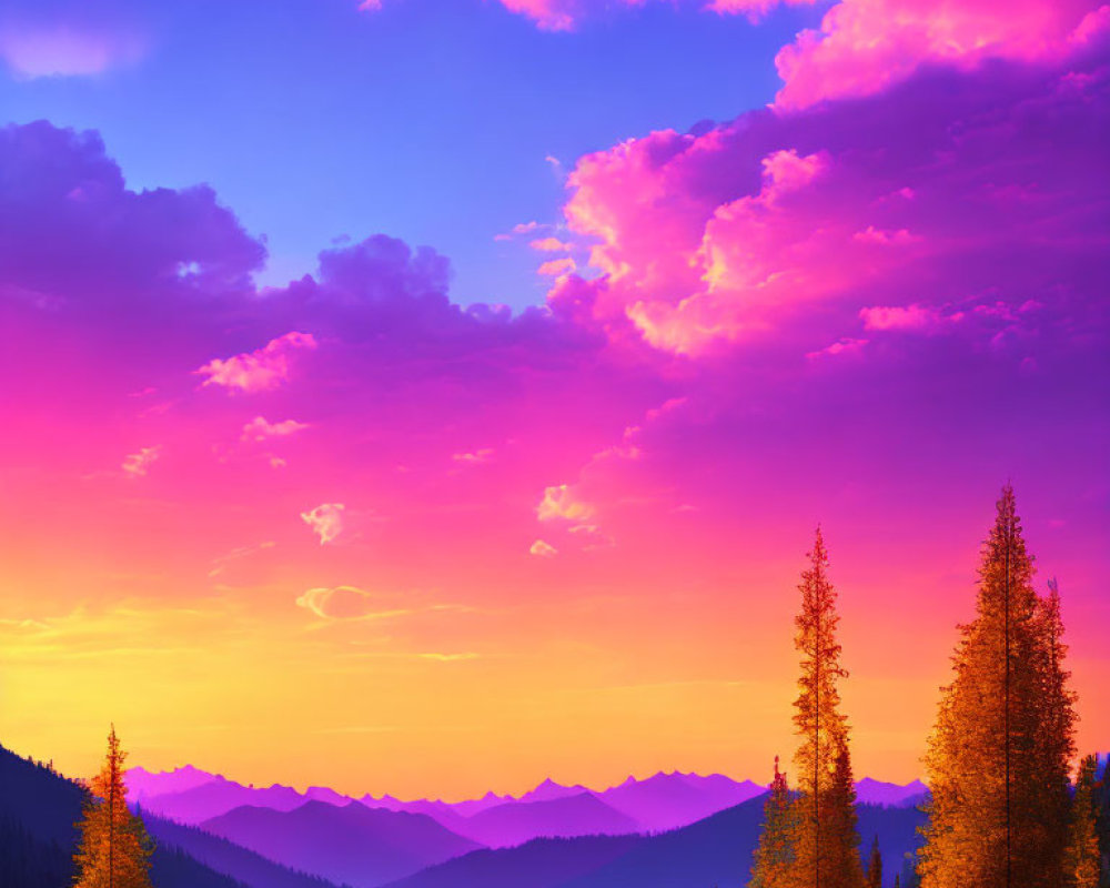 Colorful sunset over mountain landscape with silhouetted trees.