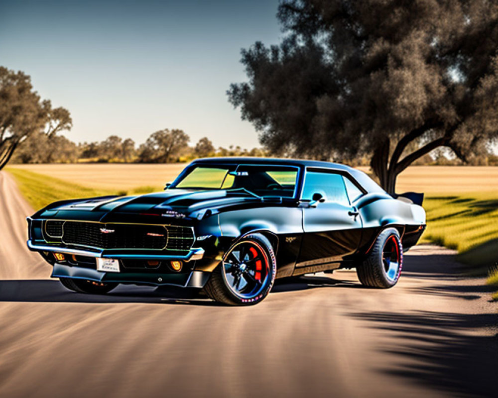 Vintage Black Chevrolet Camaro with Red-Lined Tires on Country Road