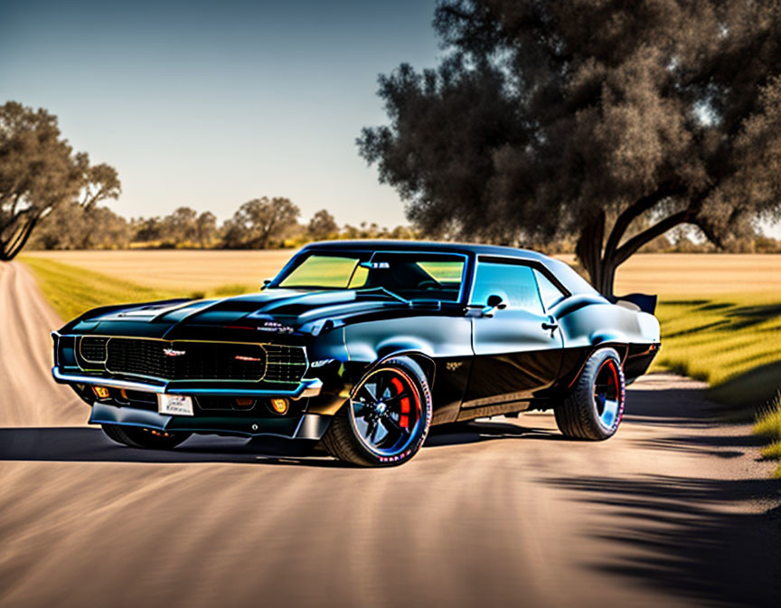 Vintage Black Chevrolet Camaro with Red-Lined Tires on Country Road