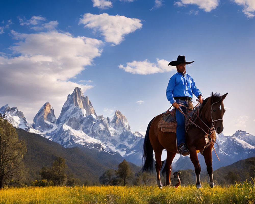 Cowboy on Horseback in Field with Yellow Flowers and Snow-Capped Mountains