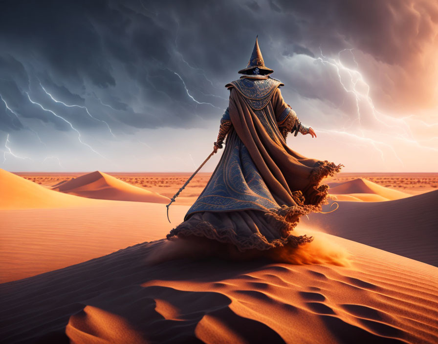 Magician in a stormy desert.