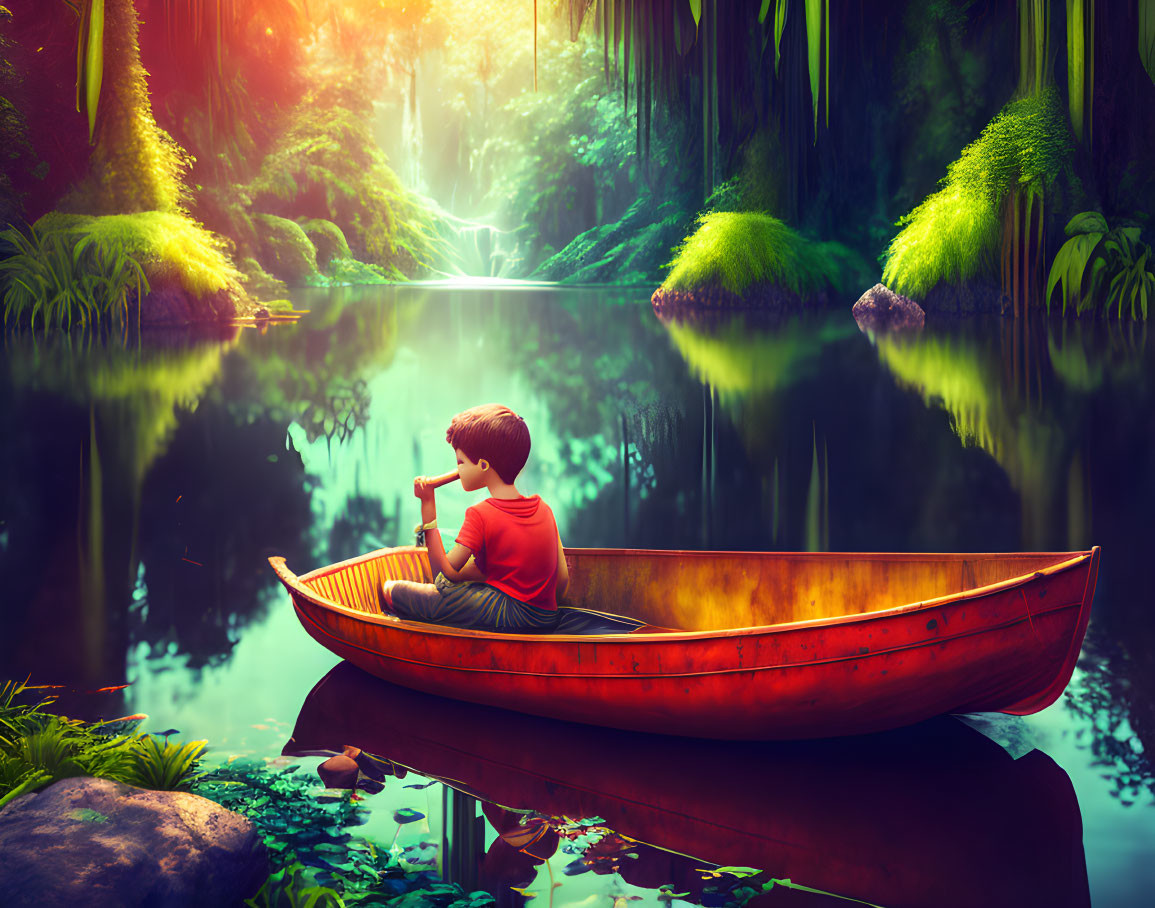 a boy on a boat in pond surrounded by jungl