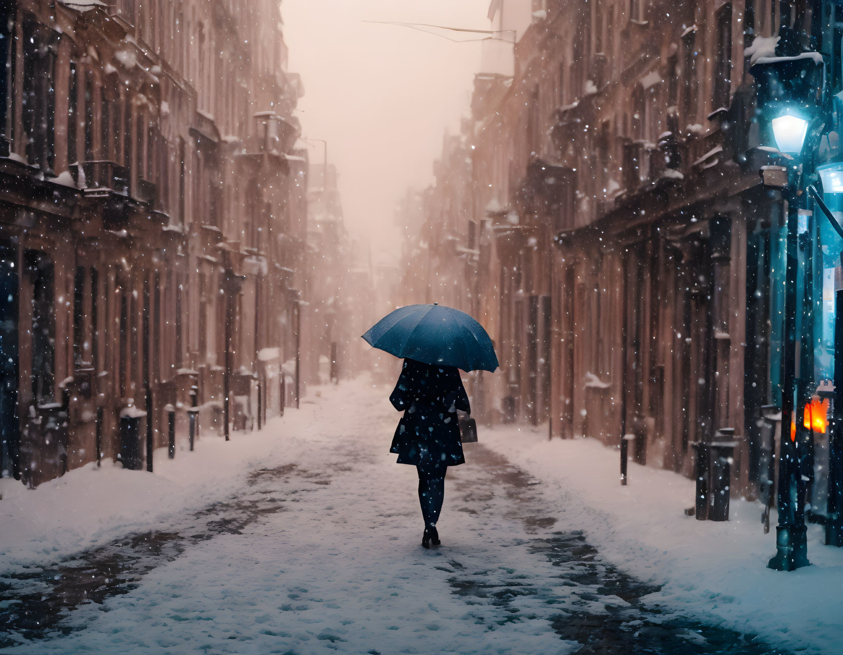  A woman walking with an umbrella in snowfall.