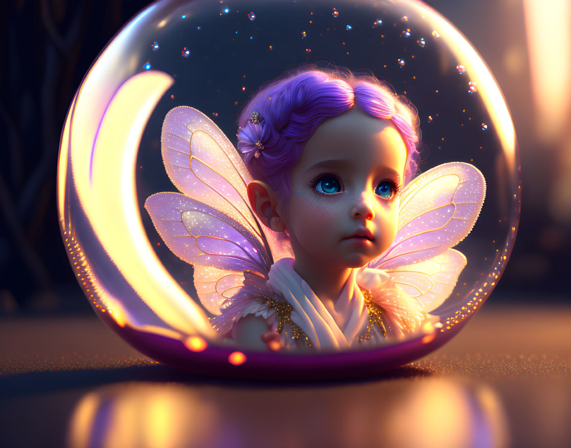 Digital artwork of a child with glowing wings in a bubble at twilight