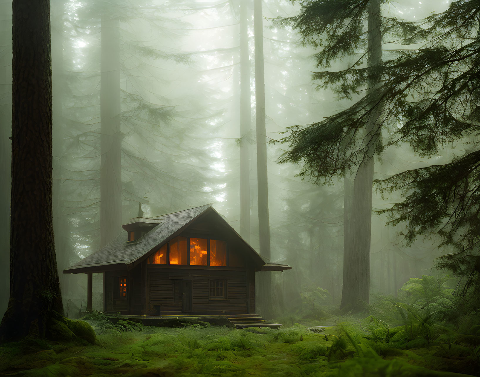 Rustic wooden cabin in foggy forest with glowing windows