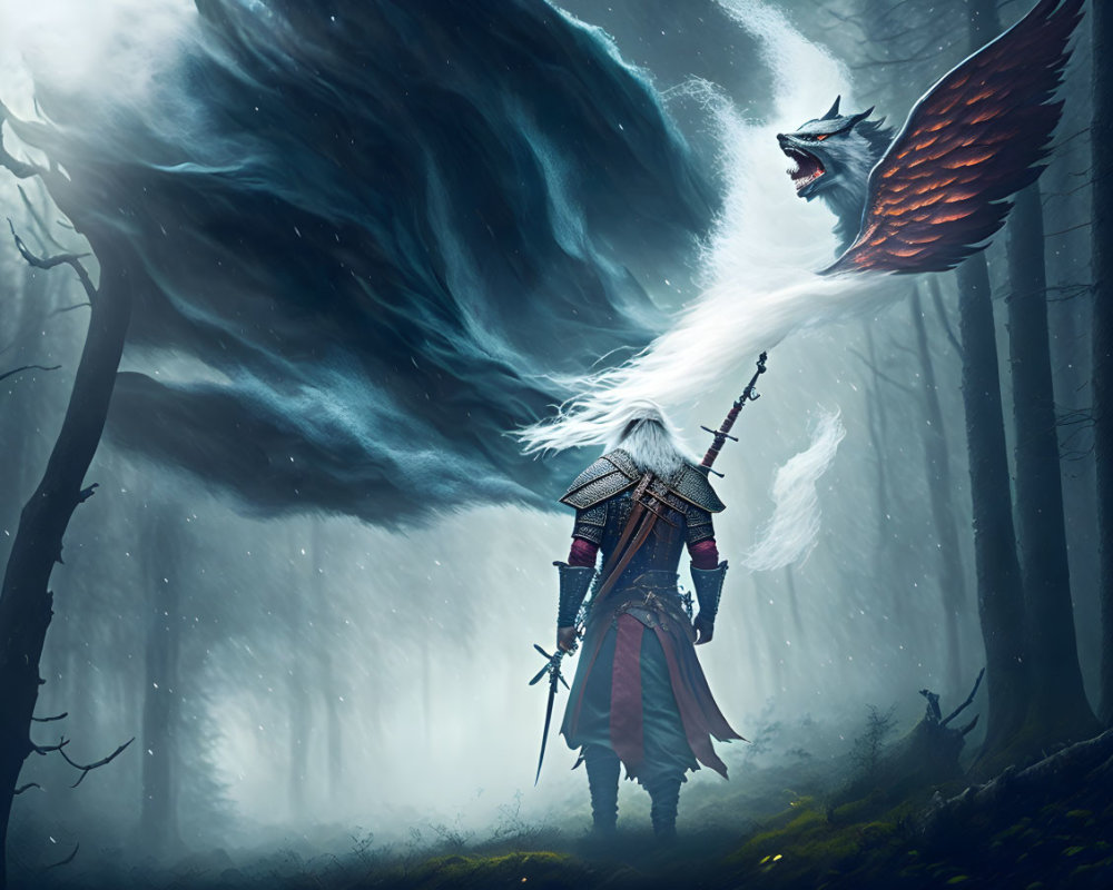 White-haired warrior confronts frost-breathing dragon in misty forest
