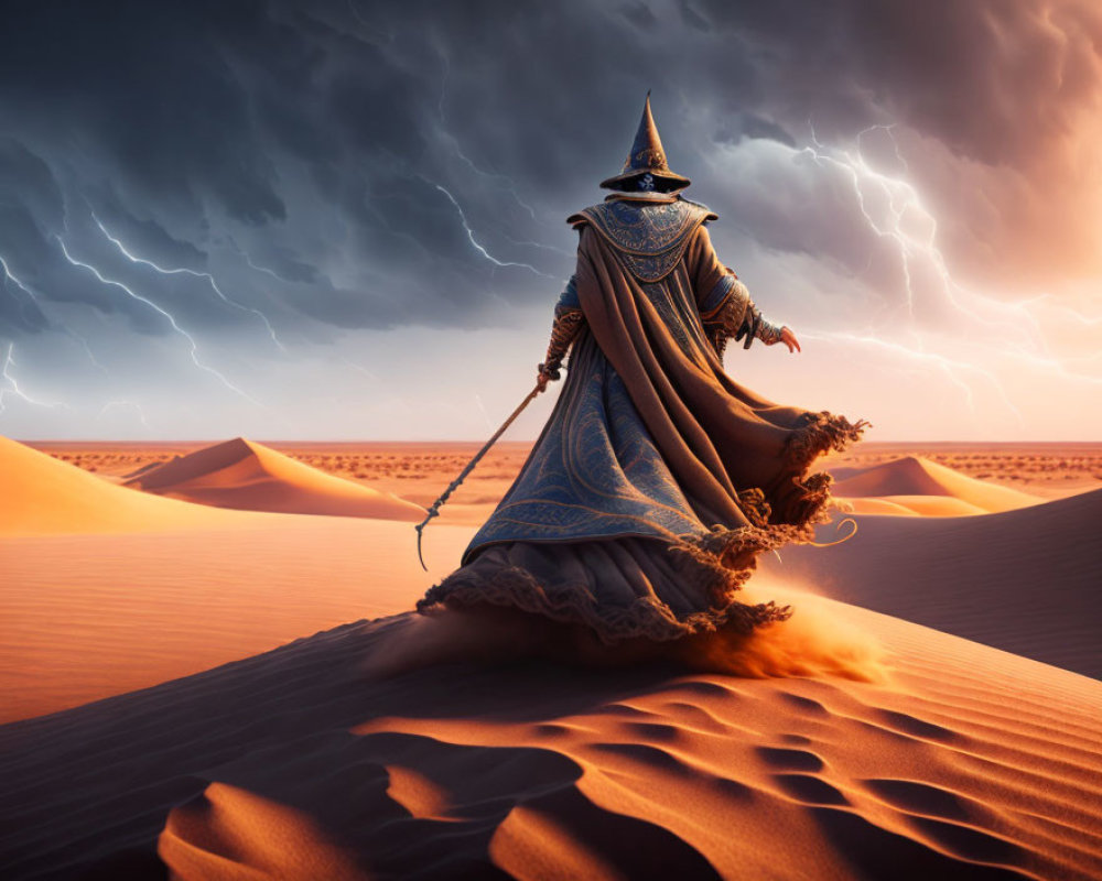 Mysterious robed figure with staff on sand dune under stormy sky