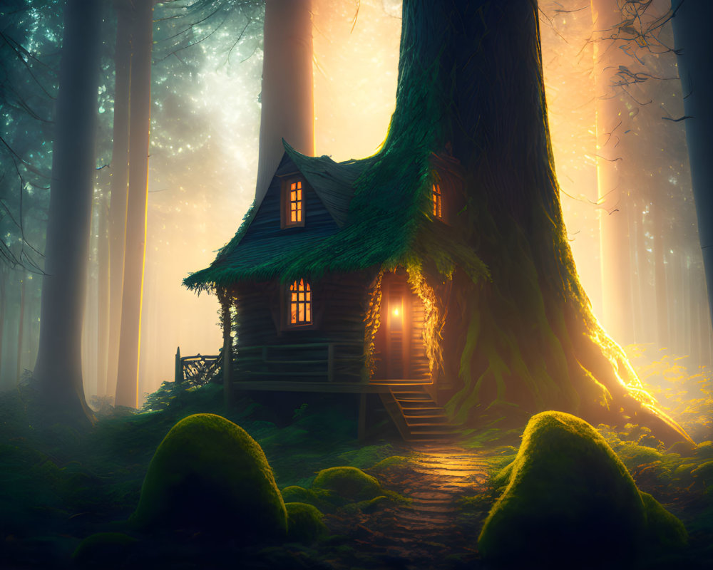 Wooden house nestled by giant tree in mystical forest with sunbeams.
