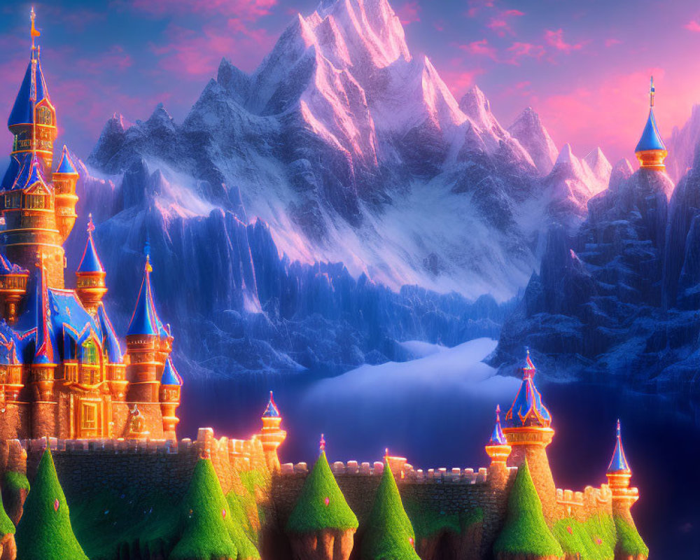 Vibrant Fantasy Castle on Cliffs with Misty Mountain View
