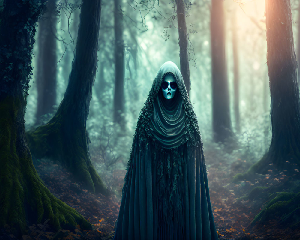 Ethereal figure in hooded cloak in misty forest