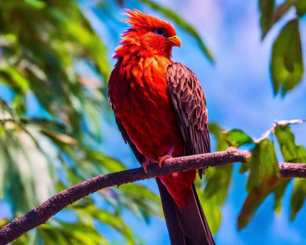 Colorful Tufted Red Bird on Branch with Green Leaves and Blue Sky