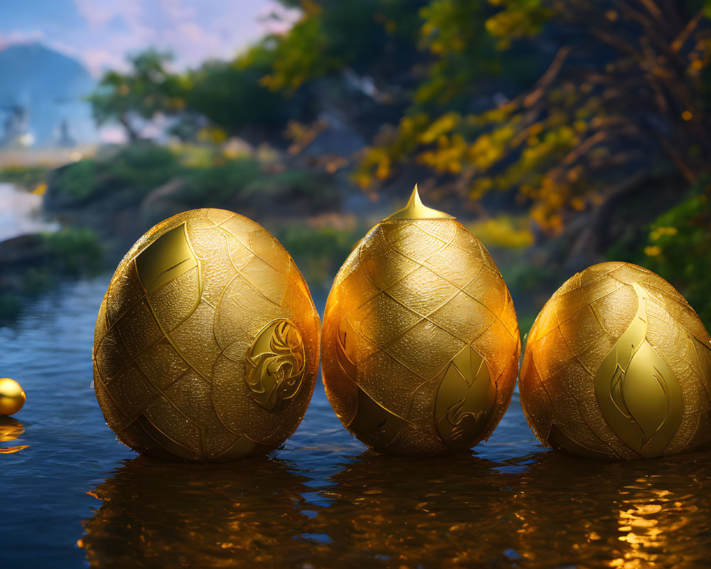 Ornate golden eggs with intricate patterns by river and serene forest at dusk