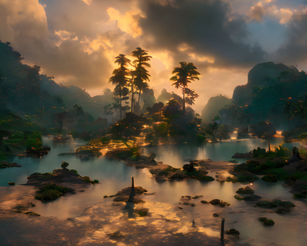 Tranquil riverscape at sunset with lush tropical foliage