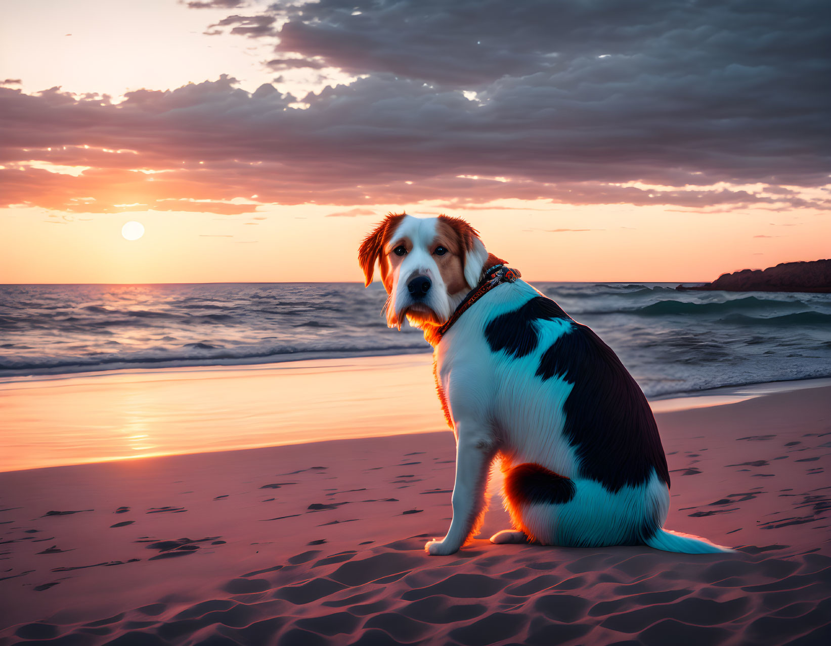 Dog on Beach at Sunset with Waves and Warm Sky