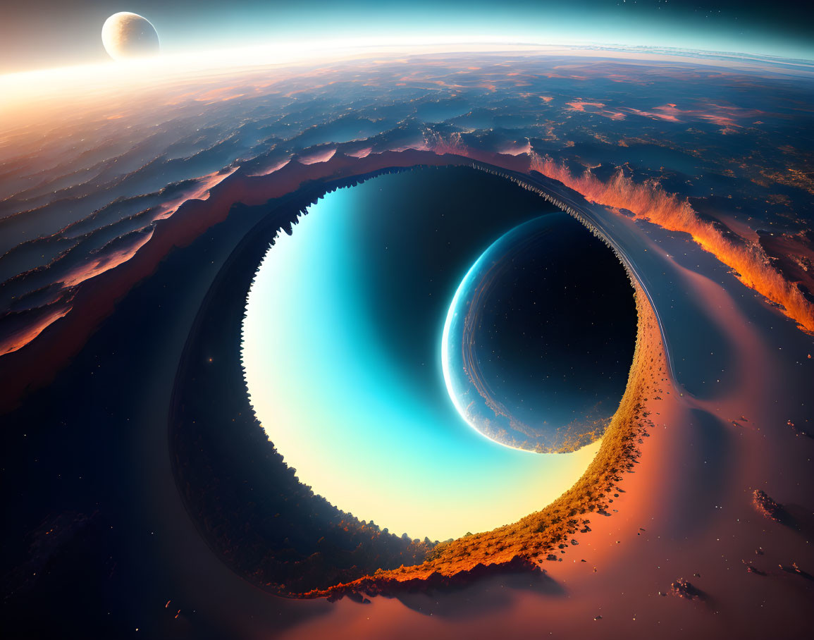 Surreal landscape featuring massive circular void on extraterrestrial world at sunset