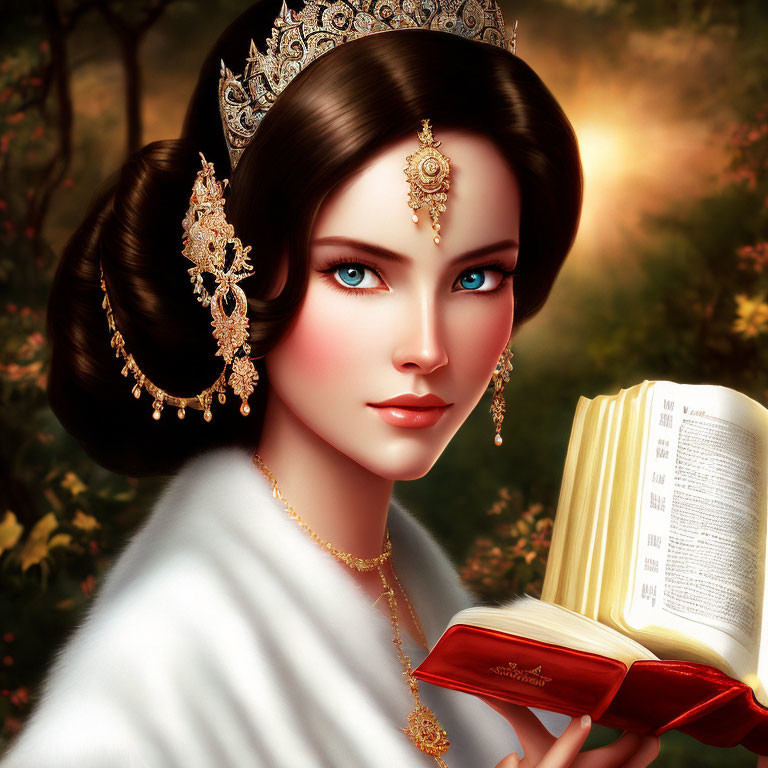 Illustrated woman with blue eyes in tiara and jewelry holding open book in autumnal scene