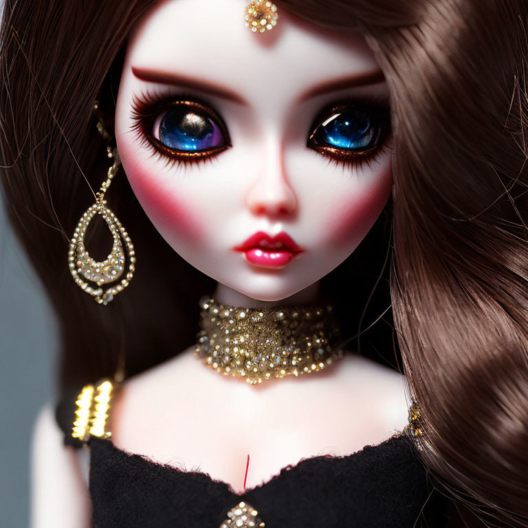 Detailed doll with blue eyes, ornate jewelry, and intricate makeup.