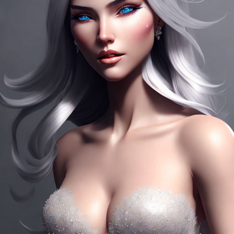 Silver-haired woman with blue eyes in glittery top: digital art