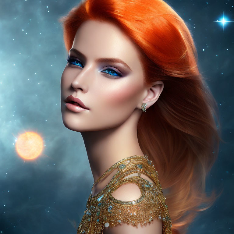 Digital portrait of woman with fiery red hair and blue eyes in cosmic setting