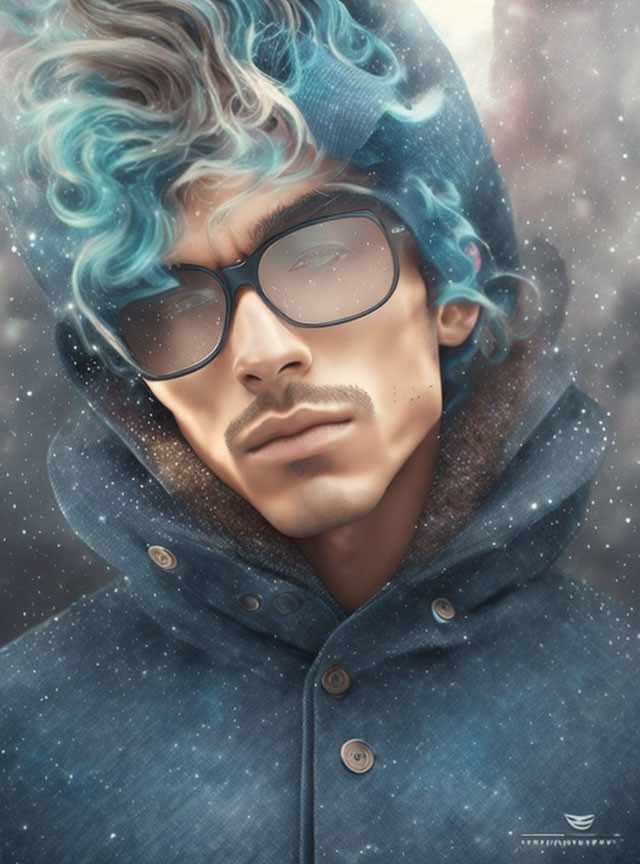 Stylized portrait of person with glasses and blue wavy hair in snowy scene