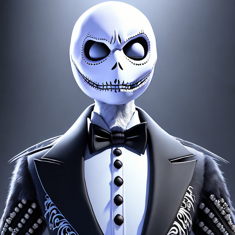 Skeletal character in tuxedo and bow tie on dark grey background