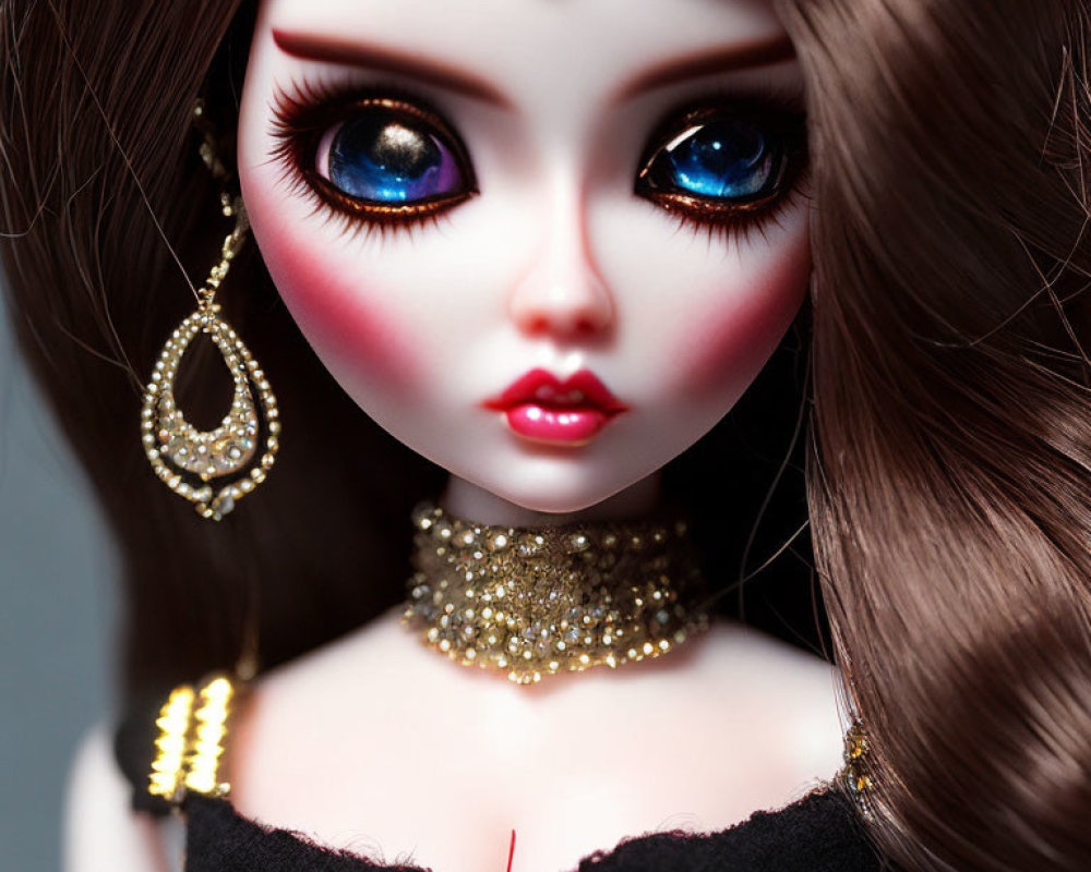 Detailed doll with blue eyes, ornate jewelry, and intricate makeup.