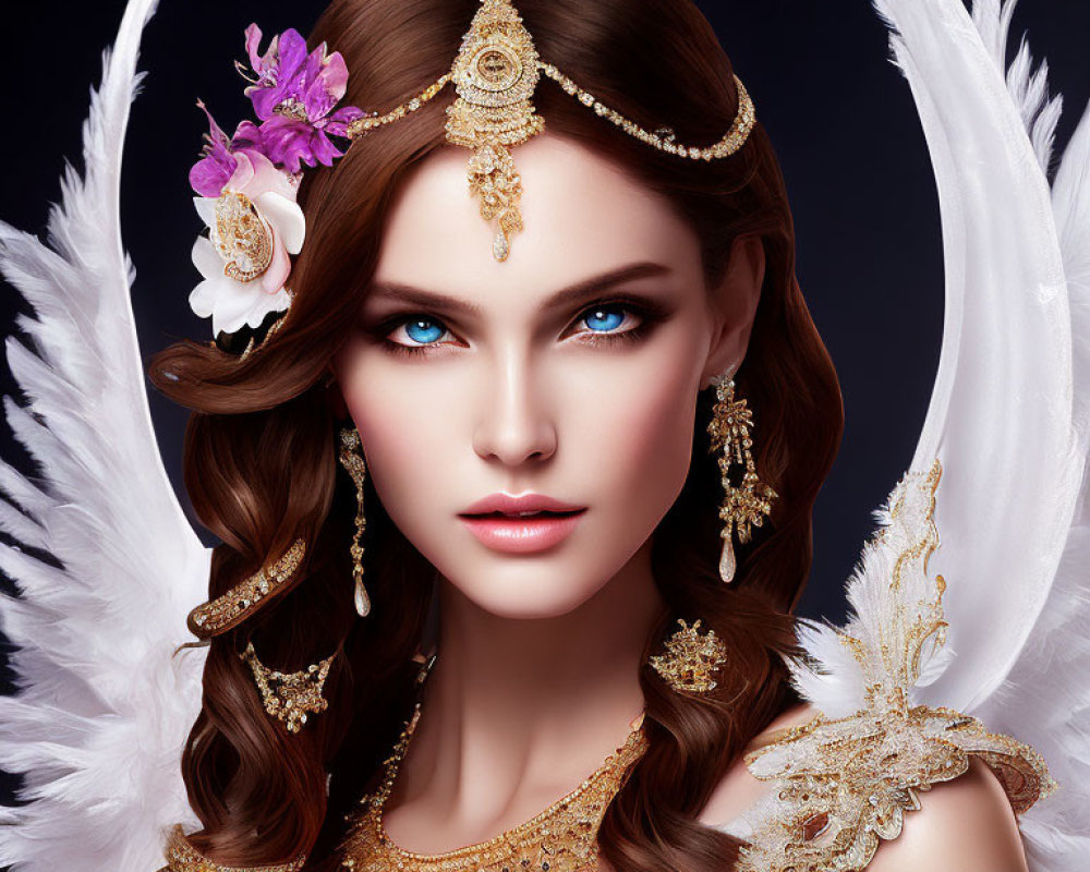 Woman with Striking Blue Eyes and Gold Adornments