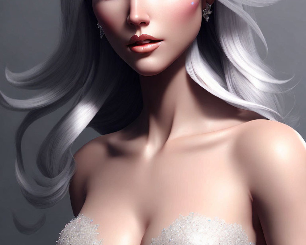 Silver-haired woman with blue eyes in glittery top: digital art
