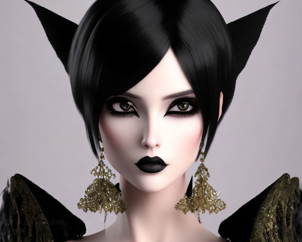 Digital portrait of fantasy figure with pale skin, pointed ears, black hair, dark lipstick, intense eyes