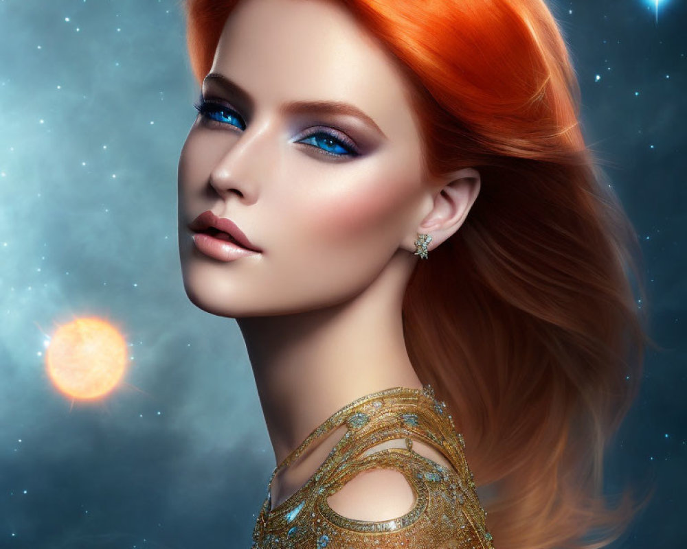 Digital portrait of woman with fiery red hair and blue eyes in cosmic setting