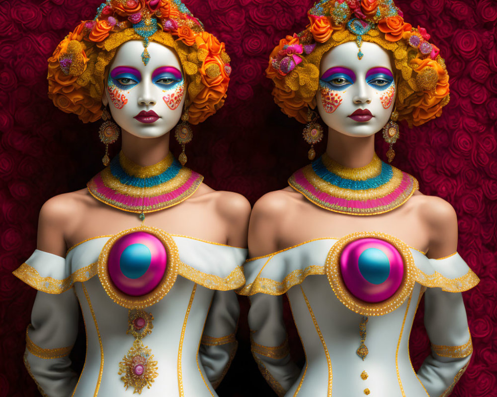 Stylized figures with orange hair and vibrant makeup in ornate outfits on red floral backdrop
