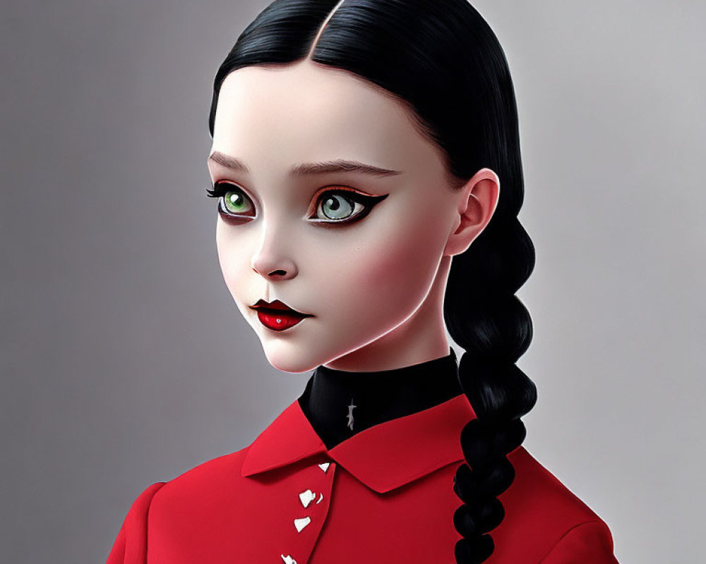 Digital art portrait of girl with large green eyes, black braided hair, red shirt with heart details